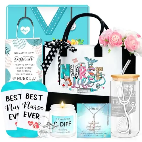 Verouis nurse gift set with stethoscope cross necklace, glass cup, tote bag, and candle