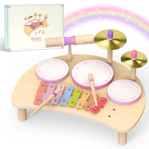 Toddler drum set with drums, cymbals, and a xylophone