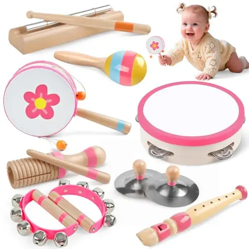 Pink wooden musical instrument set for toddler girls