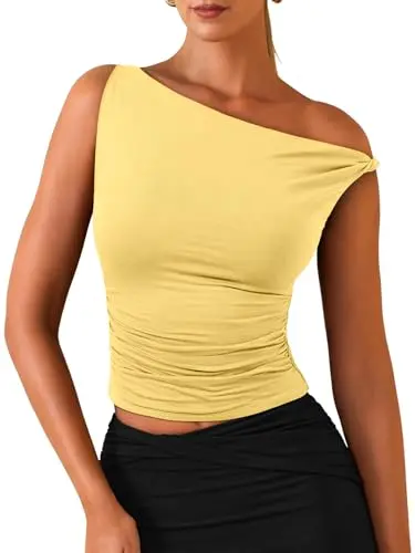 REORIA off-shoulder top with asymmetrical twist in butter yellow
