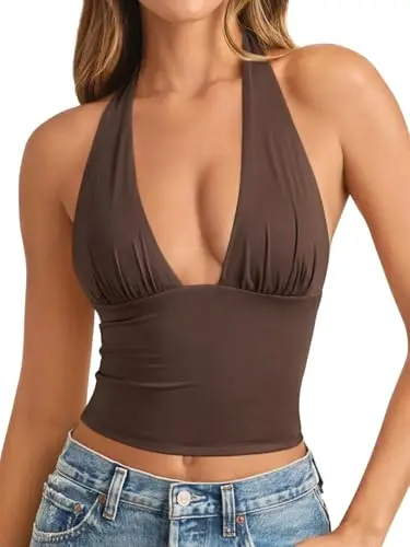 REORIA plunge neck backless halter top in brown