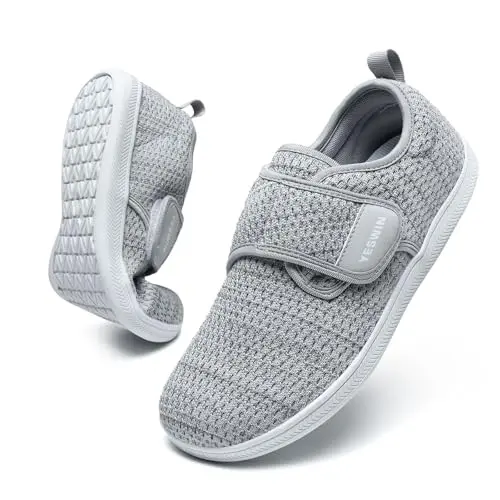 YESWIN gray adjustable strap diabetic walking shoes with wide toe box