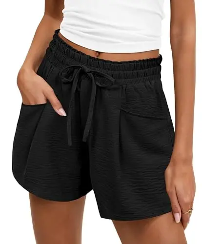 ANRABESS high waist drawstring shorts with textured crinkle fabric in black