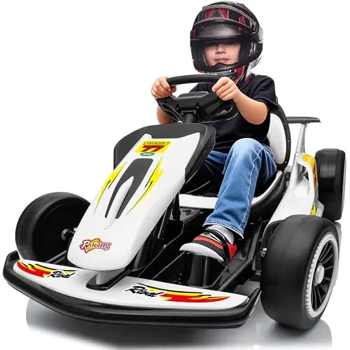 Letsgokid white electric drift go kart for kids, showcasing its 5-point safety belt and sporty design.