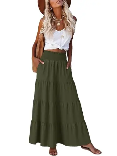 ANRABESS Women's Maxi Skirt in Army Green with tiered design and elastic high waist