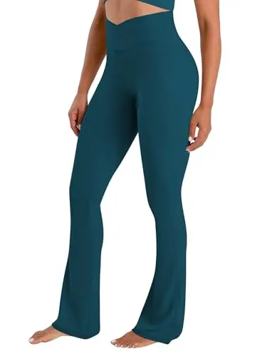 Sunzel hidden butt lifting scrunch flare leggings in forest green with deep V waist and no front seam
