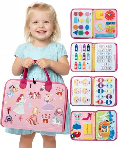 Pink felt busy book for toddlers with pages of activities like zippers and buttons