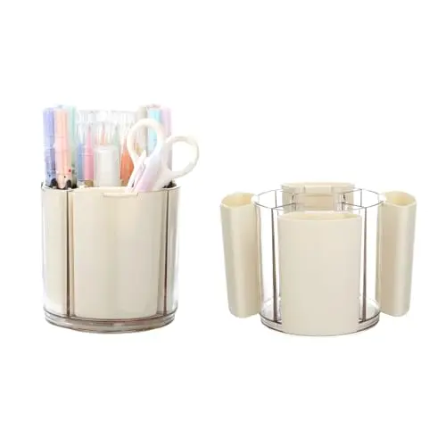 Comix beige acrylic rotating pen holder with 5 expandable slots for desk supplies