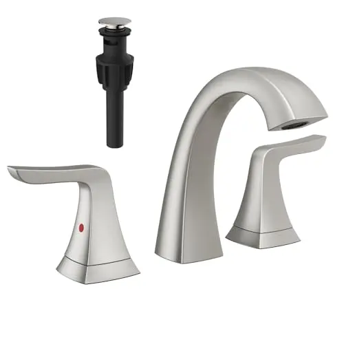 VXV Brushed Nickel bathroom faucet with low arc spout on a vanity