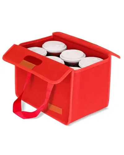 Lifeplus Reusable Drink Carrier in red with handle, elastic mesh pockets, and dividers