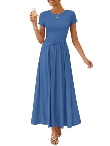 ZESICA short sleeve maxi dress in blue with twist front and A-line silhouette