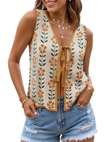 ZESICA Women's Tie Front Sweater Vest in apricot color with print design