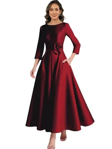 TS TRANSUN petite satin mother of the bride dress with long sleeves and tea-length A-line skirt in dark red