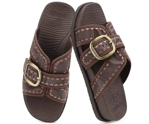 COFACE Slide Sandals in brown with hand-stitched details