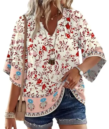 WIHOLL Blouse in Multi Red Boho Print