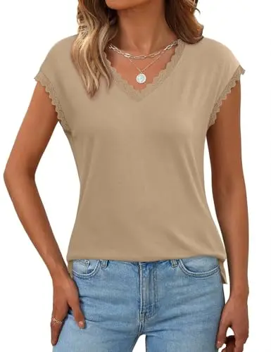 JUSTFASHIONNOW Cap Sleeve V Neck Top with lace trim in Khaki