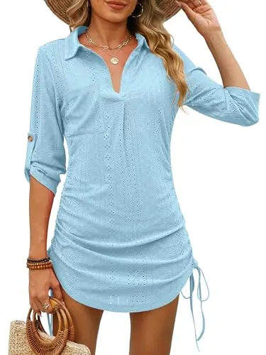 ANRABESS shirt style cover-up in sky blue with hollow out and button cuffs