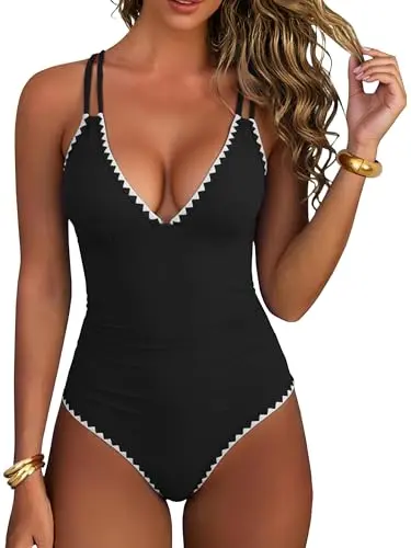 ANRABESS women's one-piece swimsuit with tummy control, push-up V-neck, and color-block design in black