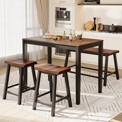 PHI VILLA counter height kitchen table set with bench and two chairs in walnut and black finish