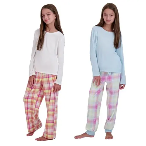 US Angels girls 4-piece long sleeve pajama set with plaid pants
