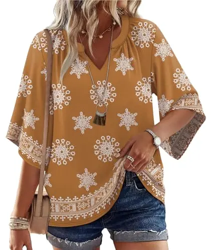 WIHOLL Boho Blouse with Bell Sleeves in Multi Coffee