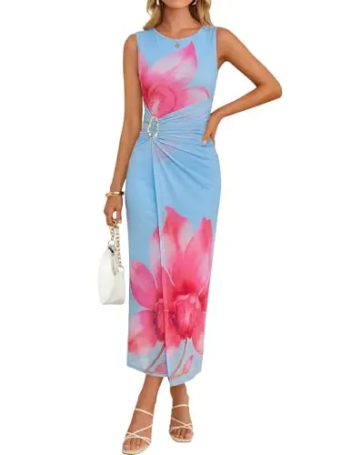 ZESICA floral bodycon midi dress in pink with mesh overlay and ruched design