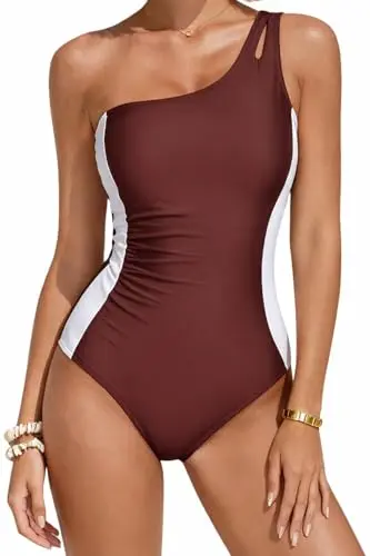 ZAFUL women's one-piece swimsuit with one-shoulder keyhole and ruching in brown