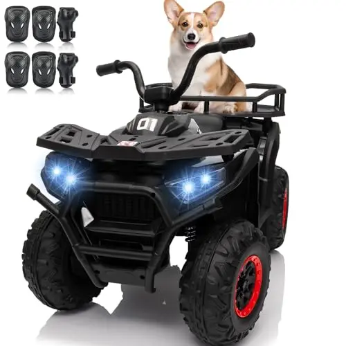 BLISSRIDE 24V kids electric ATV with rear storage rack and kneepads in black