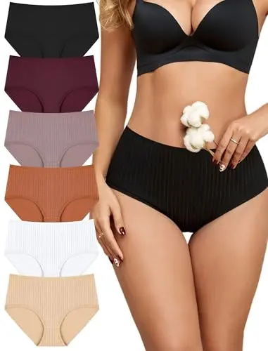 Finetoo high waisted ribbed cotton briefs for women