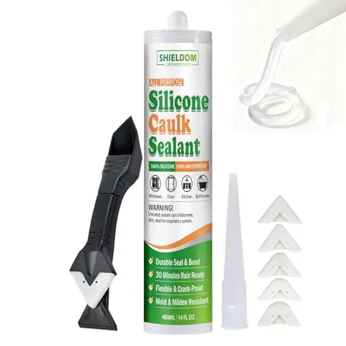SHIELDOM Silicone Caulk Clear Sealant with a caulking tool in a 14 oz cartridge