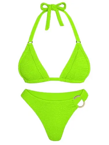 Anrabess women's triangle halter bikini set with thong bottom in neon green