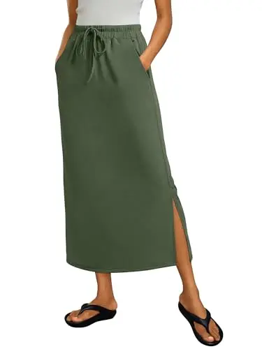 ANRABESS Women's Casual Maxi Skirt in Army Green with drawstring waist and side slits