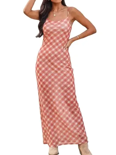 Zaful Spaghetti Strap Maxi Dress in pink with mesh overlay and plaid pattern