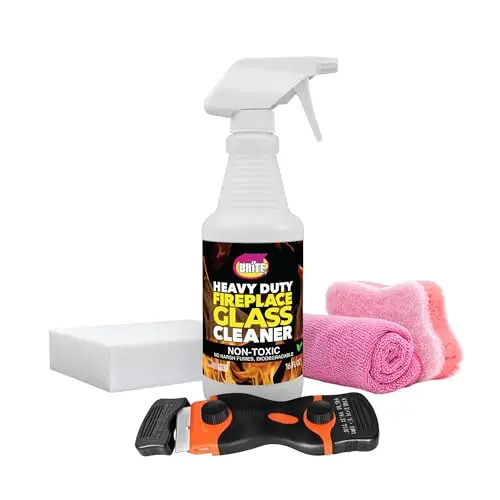 Quick 'n Brite Fireplace Glass Cleaner Kit with bottle, scraper, sponges, and towel