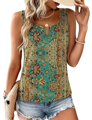 JUSTFASHIONNOW Boho Tank Top with V-neck and sleeveless design in Cyan