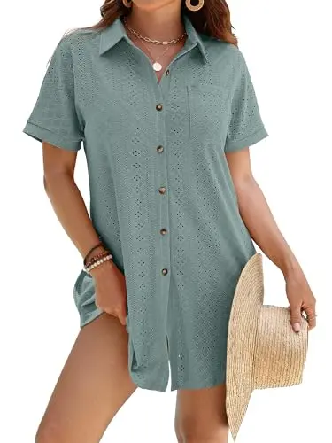 ANRABESS button down beach shirt dress in grey green with eyelet material