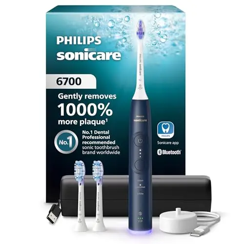 Philips Sonicare 6700 Series electric toothbrush with navy blue handle and charging travel case.