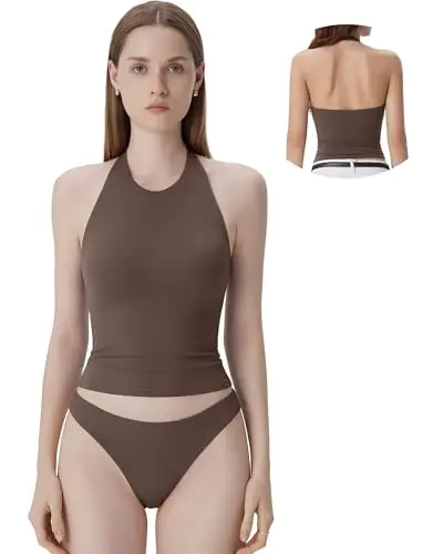 SUUKSESS Women's Padded Halter Tank Top in brown, featuring a high neck and removable padding.