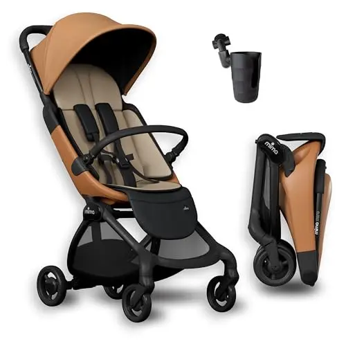 Mima Miro Compact Stroller in a stylish mocha cream color with bumper bar and cup holder attached