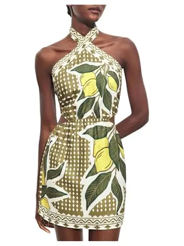 MakeMeChic Women's Boho Mini Dress in mocha green floral print