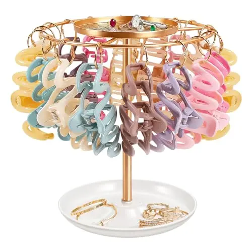 SNOWSTAR hair clip holder stand with metal tray and golden rings