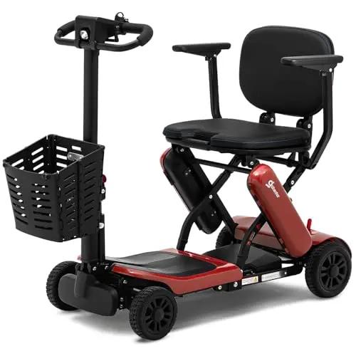 Aotedor red lightweight folding mobility scooter with three removable batteries