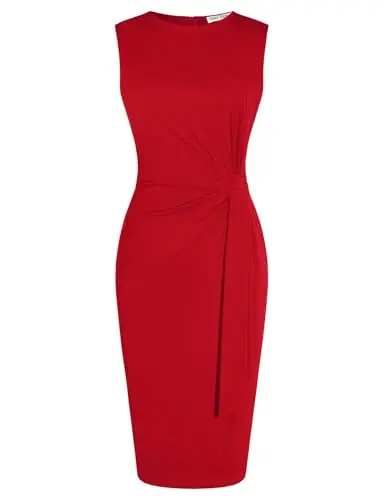 Grace Karin bright red bodycon pencil dress with pleated waist and back zipper