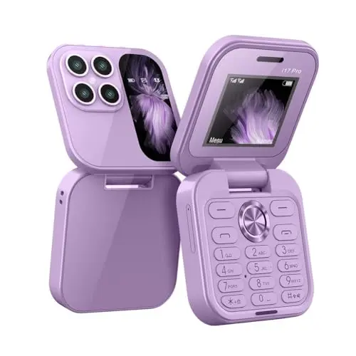 Mini purple flip phone with large keypad for travel