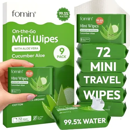 Fomin On-the-Go Mini Water Wipes pack showing compact size and cucumber aloe variant