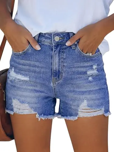 ANRABESS denim shorts for women with ripped and rolled design in washed blue