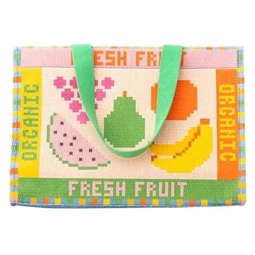 ban.do Rattan Market Bag with colorful fruit tile pattern