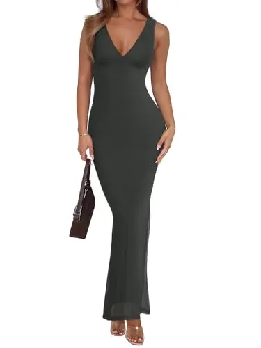 REORIA V-neck sheer mesh maxi dress for summer events