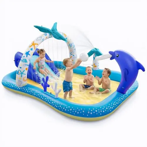 Andola inflatable kiddie pool with slide and sprinkler in blue-white color