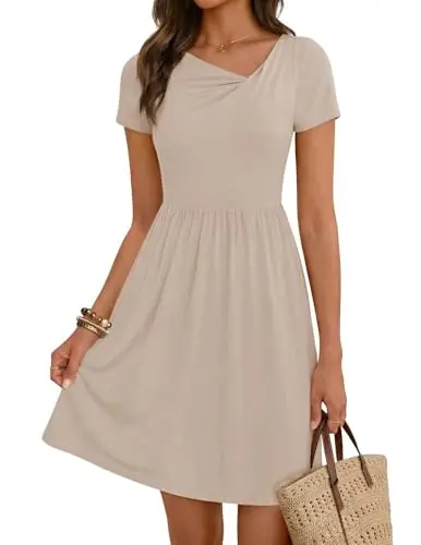 MEROKEETY women's short sleeve asymmetrical V neck mini dress with ruched details